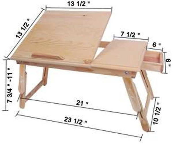 Mesa de desayuno en cama con cajón (dimensiones en pulgadas)