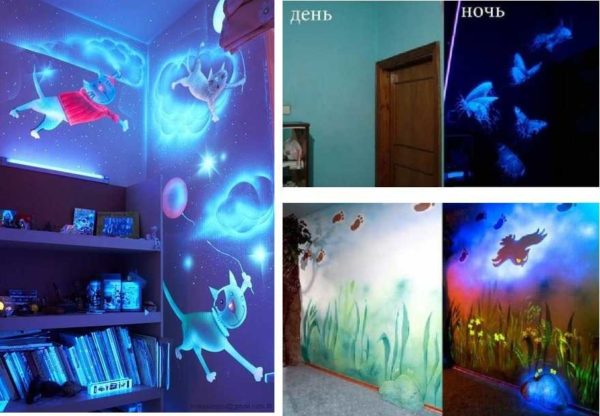 Si puede dibujar, puede convertir la guardería en un lugar fabuloso por la noche. Solo hay pinturas fluorescentes especiales.