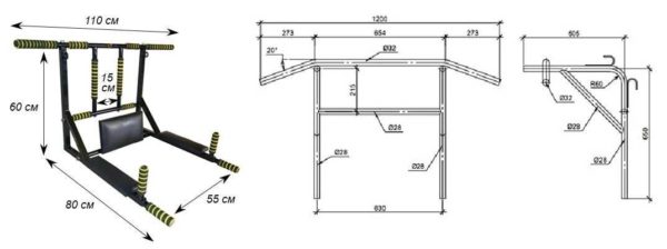 Due schemi di barre orizzontali a parete per una presa diversa. Diverse dimensioni, design simili