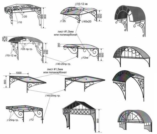 Pensilina per veranda realizzata con tubi metallici e policarbonato: diversi modelli