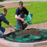 Visste ikke hvordan jeg skulle plante blomster på et blomsterbed for å få et mønster - ved å bruke plastbånd som begrenser