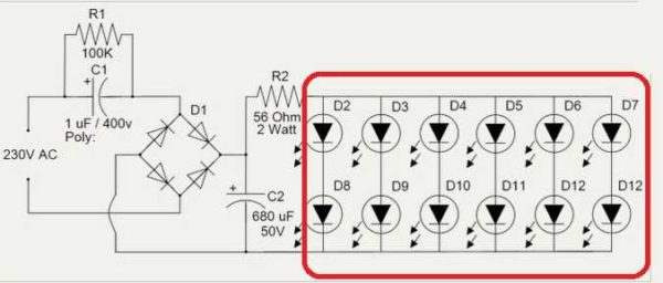 Diagram over en 220 V LED-lampe