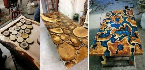 Puedes hacer una mesa con cortes de madera y resina epoxi en diferentes formas.