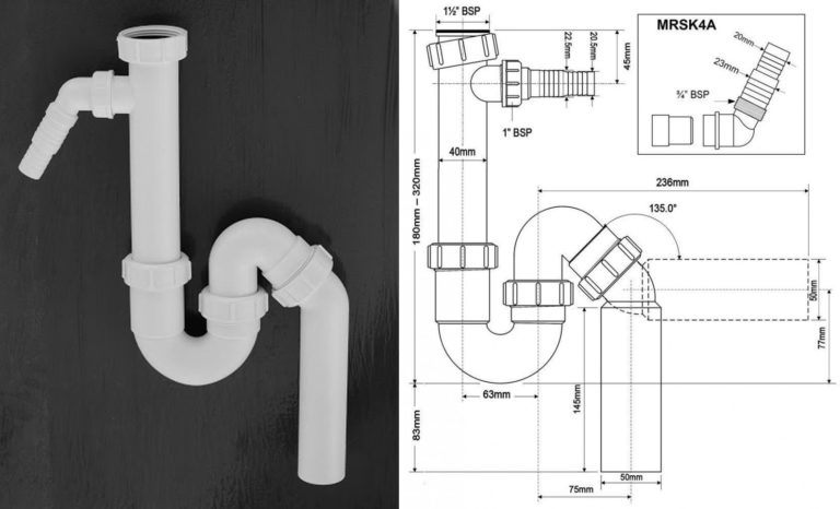 Sifón para fregaderos McAlpine (Gran Bretaña) con salida para electrodomésticos, 40 mm (MRSK6). El modelo MRSK4A está equipado con una curva de esquina